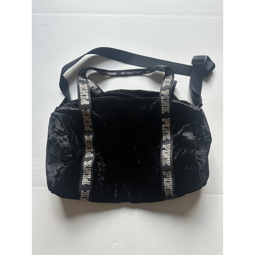 Victoria's Secret PINK Black Crushed Velvet Duffel Bag Logo Strap‎ Gym Travel